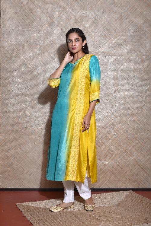 Ombre Kurta with Thread Work - Blue Yellow