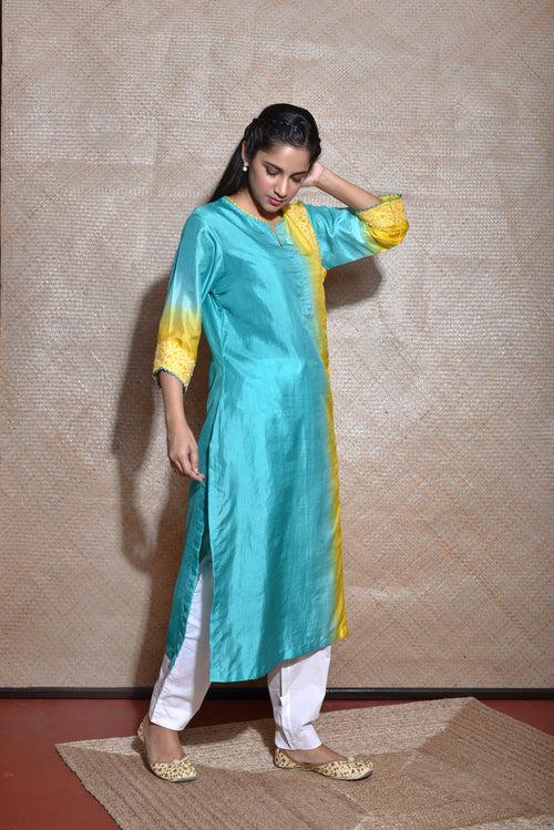 Ombre Kurta with Thread Work - Blue Yellow