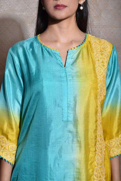 Ombre Kurta with Thread Work - Blue Yellow