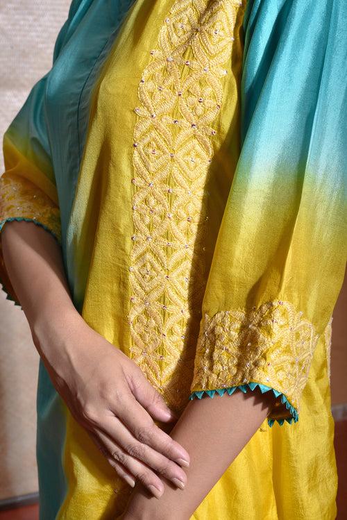 Ombre Kurta with Thread Work - Blue Yellow