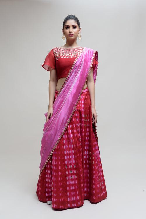 Clamp Dye Organza Gota Patti Lehenga Set - Red