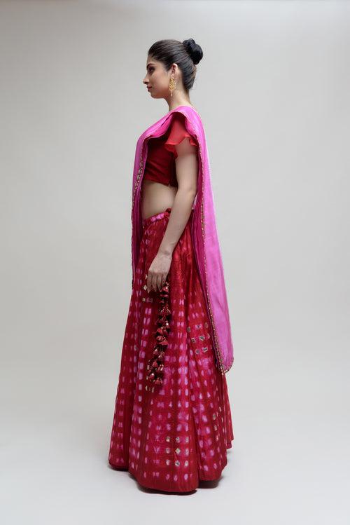 Clamp Dye Organza Gota Patti Lehenga Set - Red