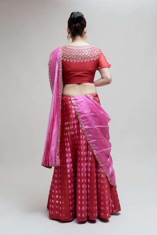 Clamp Dye Organza Gota Patti Lehenga Set - Red