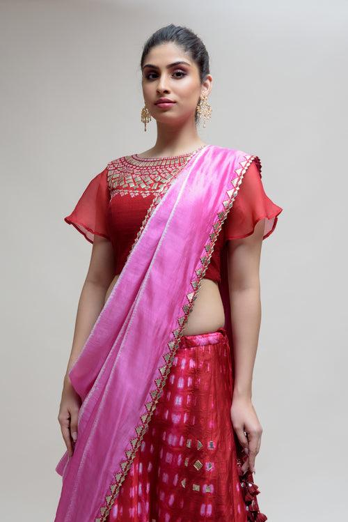 Clamp Dye Organza Gota Patti Lehenga Set - Red