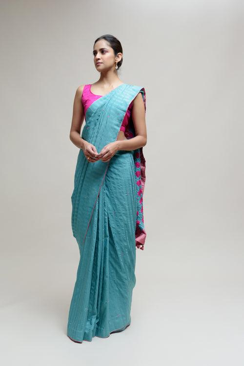 Bandhani Veda Saree - Blue Hot Pink