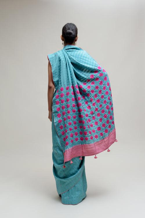 Bandhani Veda Saree - Blue Hot Pink