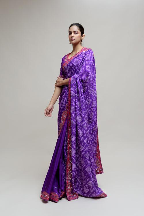 Purple Bandhani on Crepe Saree with Mirror Work