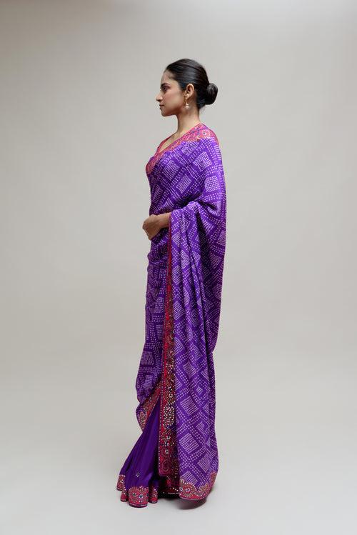 Purple Bandhani on Crepe Saree with Mirror Work