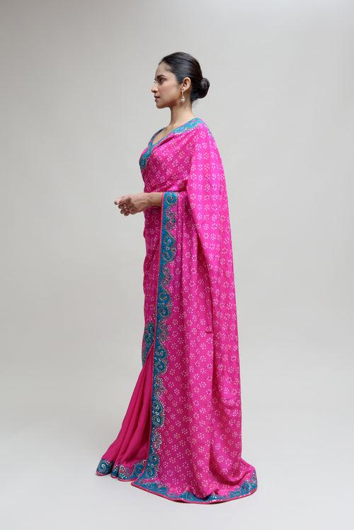 Hot Pink Bandhani on Crepe Saree with Mirror Work