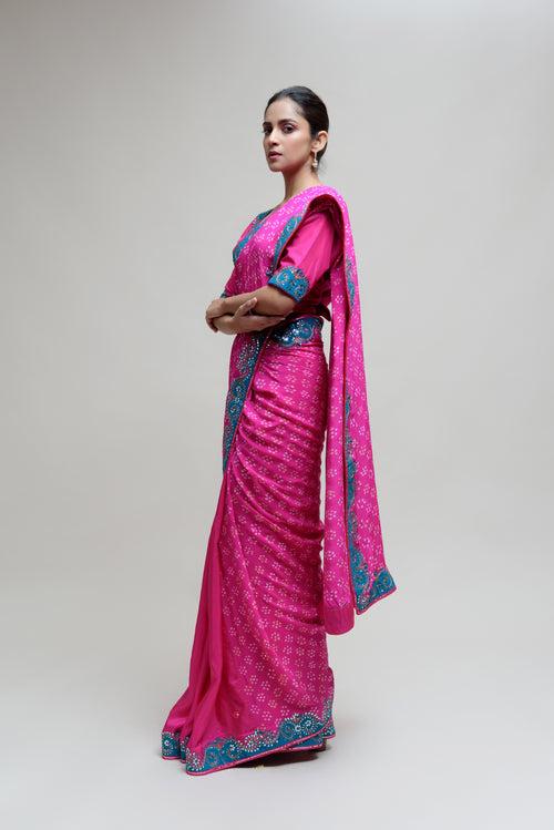 Hot Pink Bandhani on Crepe Saree with Mirror Work