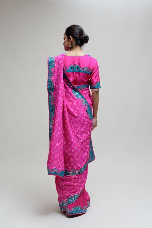 Hot Pink Bandhani on Crepe Saree with Mirror Work