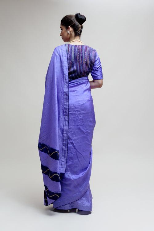 Silk Saree with Striped Colour Blocked Palla - Blue