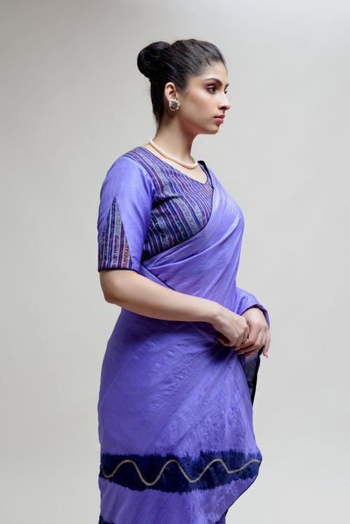 Silk Saree with Striped Colour Blocked Palla - Blue