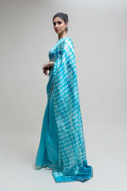 Clamp Dyed Chanderi Saree with Gota Patti - Blue