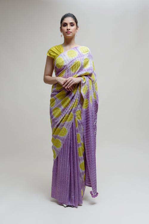 Clamp Dyed Bandhani Saree - Lavender Lime