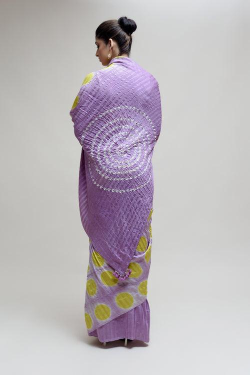 Clamp Dyed Bandhani Saree - Lavender Lime