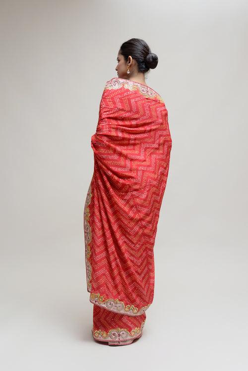 Red Bandhani on Crepe Saree with Mirror Work