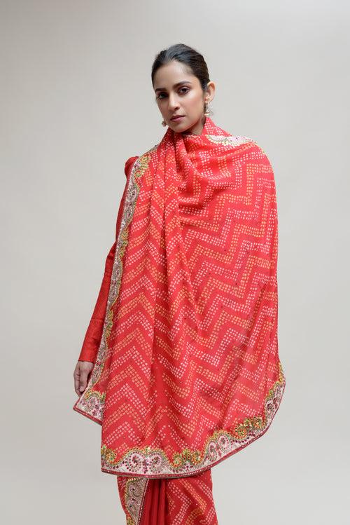 Red Bandhani on Crepe Saree with Mirror Work