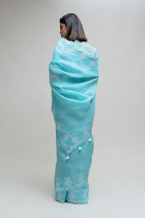 Sky Blue Organza Saree with Thread Embroidery