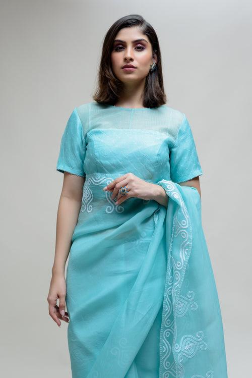 Sky Blue Organza Saree with Thread Embroidery