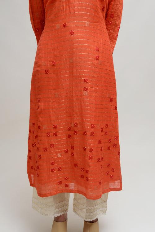 Orange Applique Bandhani on Chanderi Kurta