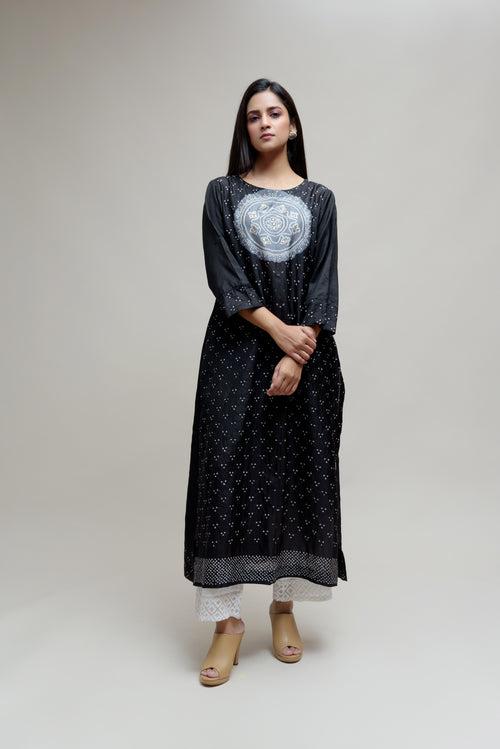 Bandhani Kurta on Pure Silk - Black Grey