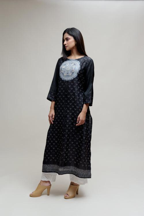 Bandhani Kurta on Pure Silk - Black Grey