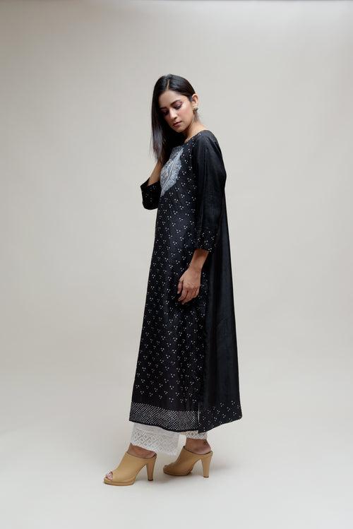 Bandhani Kurta on Pure Silk - Black Grey