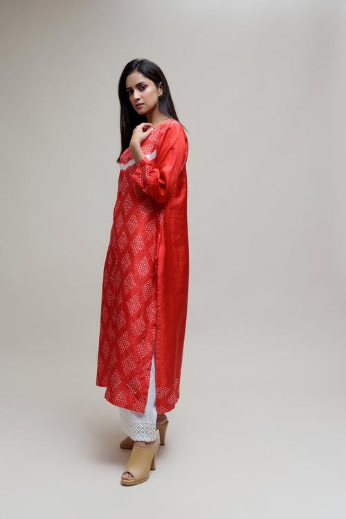 Red Bandhani on Pure Silk Kurta