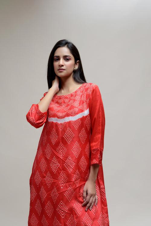 Red Bandhani on Pure Silk Kurta