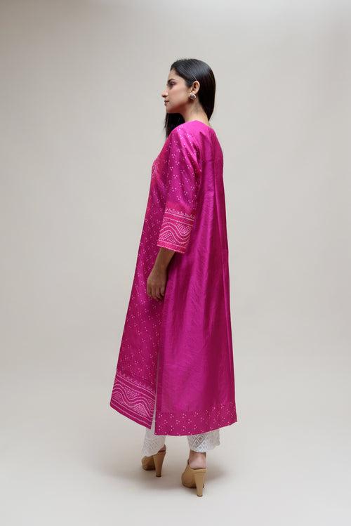 Bandhani Kurta on Pure Silk - Aba Yoke Magenta Pink