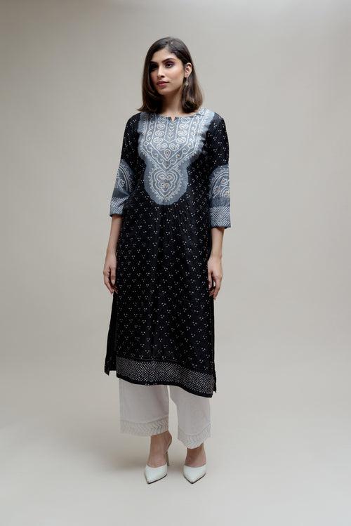 Bandhani Kurta on Pure Silk - Aba Yoke Grey Black