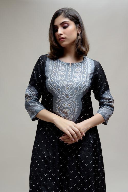 Bandhani Kurta on Pure Silk - Aba Yoke Grey Black