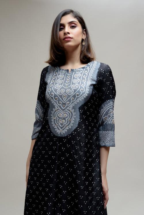 Bandhani Kurta on Pure Silk - Aba Yoke Grey Black