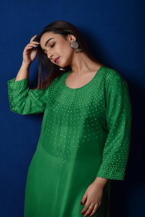 Radial Bandhani Design Kurta in Green