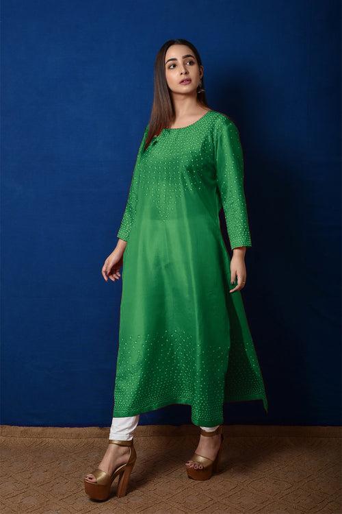 Radial Bandhani Design Kurta in Green