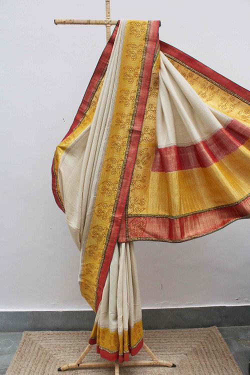 Hand Dyed Muga Saree with Zardozi Border