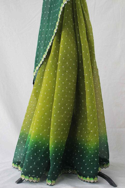 Green Shaded Bandhani on Organza Saree with Gota Patti