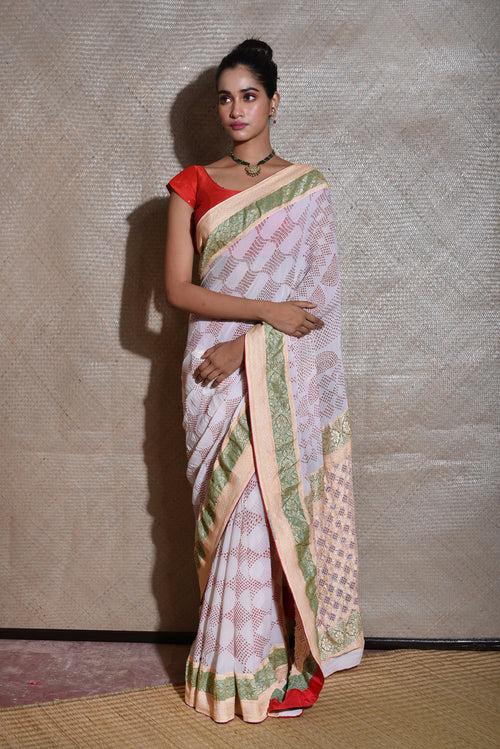 Banarasi Bandhani Saree - White Red