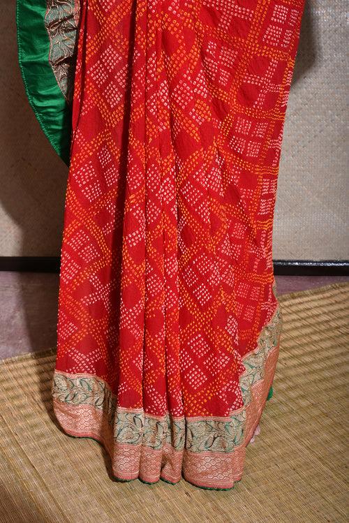 Light Meenakari Banarasi Bandhani Saree - Red Green