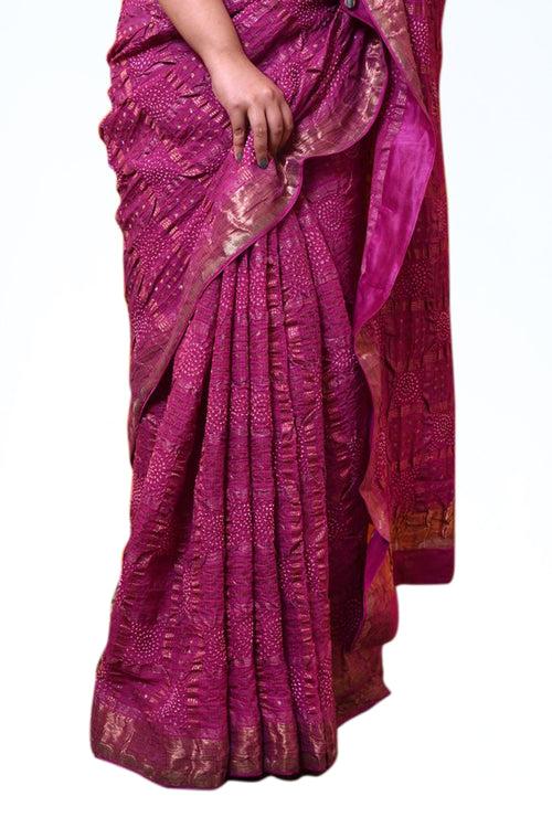 Pure Zari Kota Saree with Bandhani in Pinkish Purple