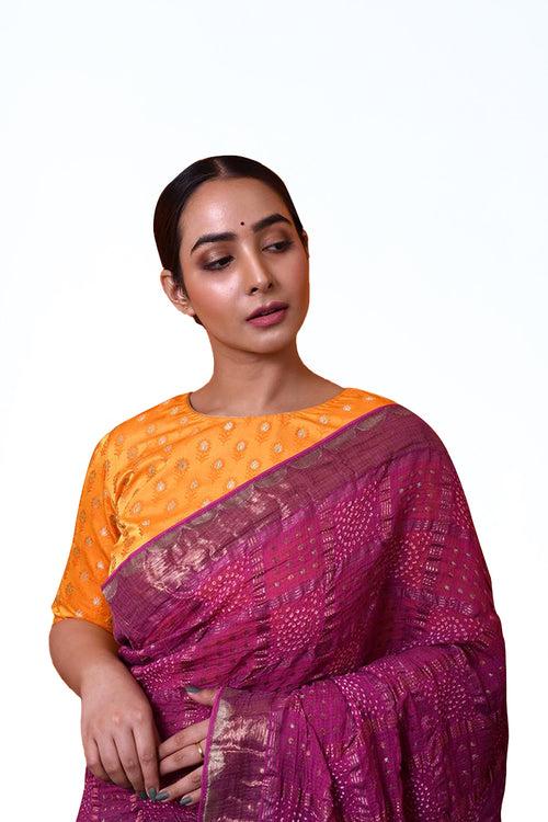 Pure Zari Kota Saree with Bandhani in Pinkish Purple