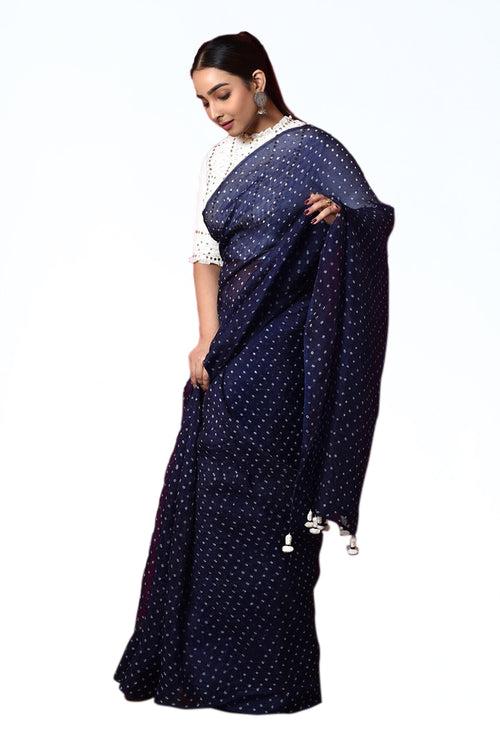 Bandhani on Organza in Midnight Blue