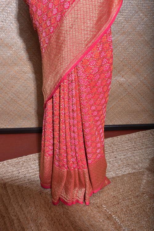 Peach Real Zari Banarasi Bandhani Gharchola Saree