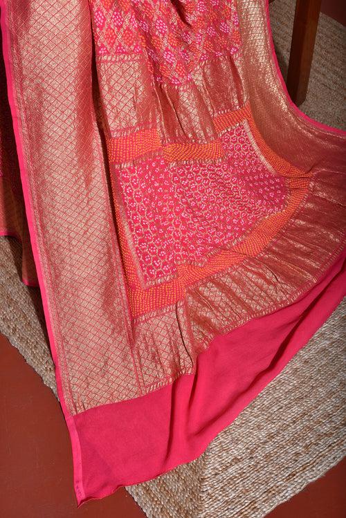 Peach Real Zari Banarasi Bandhani Gharchola Saree