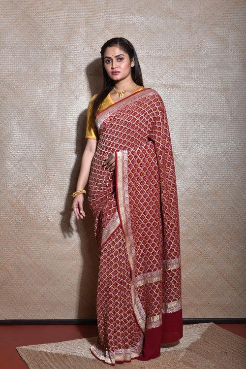 Pure Zari Gharchola Banarasi Bandhani Saree in Maroon