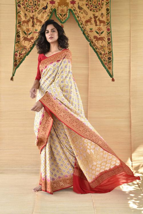 Red and White Banarasi Bandhani Saree