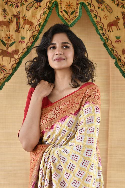 Red and White Banarasi Bandhani Saree