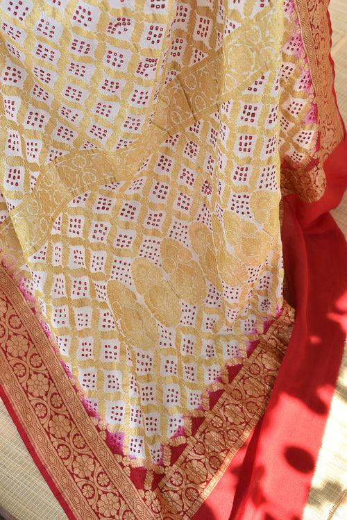 Red and White Banarasi Bandhani Saree