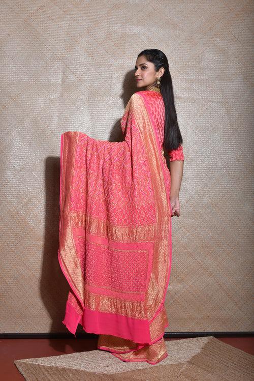 Regal and Evergreen Pure Zari Banarasi Bandhani Saree in Peach